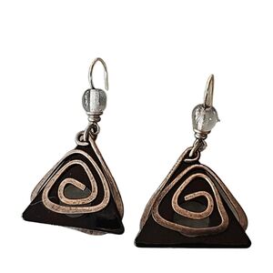 Quilling earrings black and gold w clear glass bead and brass hanging LOT 253